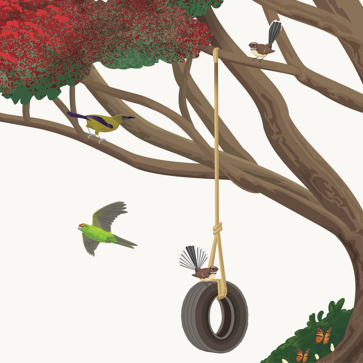 Artwork detail visualisation – Pōhutukawa with Swing and Birds – Fantails, swing, bellbird and kākāriki – straight-on original artwork