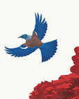 Artwork detail visualisation – Pōhutukawa with Swing and Birds – Flying tūī – straight-on original artwork