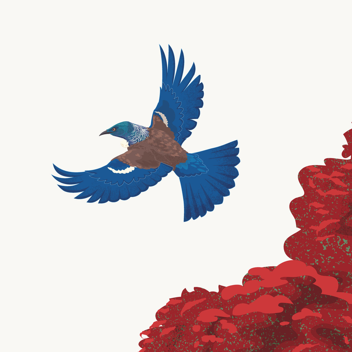 Artwork detail visualisation – Pōhutukawa with Swing and Birds – Flying tūī – straight-on original artwork