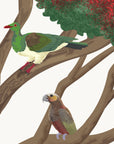Artwork detail visualisation – Pōhutukawa with Swing and Birds – Kererū and kākā – straight-on original artwork