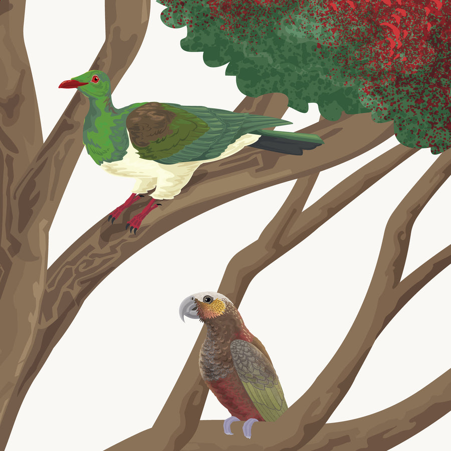 Artwork detail visualisation – Pōhutukawa with Swing and Birds – Kererū and kākā – straight-on original artwork