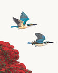 Artwork detail visualisation – Pōhutukawa with Swing and Birds – Kōtare / kingfisher pair – straight-on original artwork