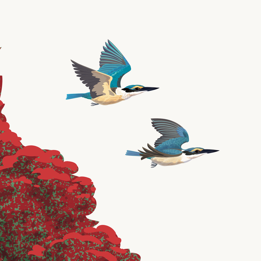 Artwork detail visualisation – Pōhutukawa with Swing and Birds – Kōtare / kingfisher pair – straight-on original artwork