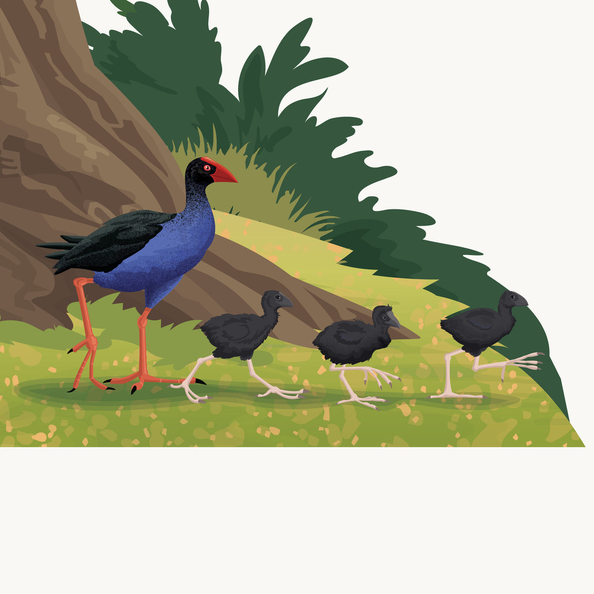 Artwork detail visualisation – Pōhutukawa with Swing and Birds – Pūkeko and three chicks – straight-on original artwork