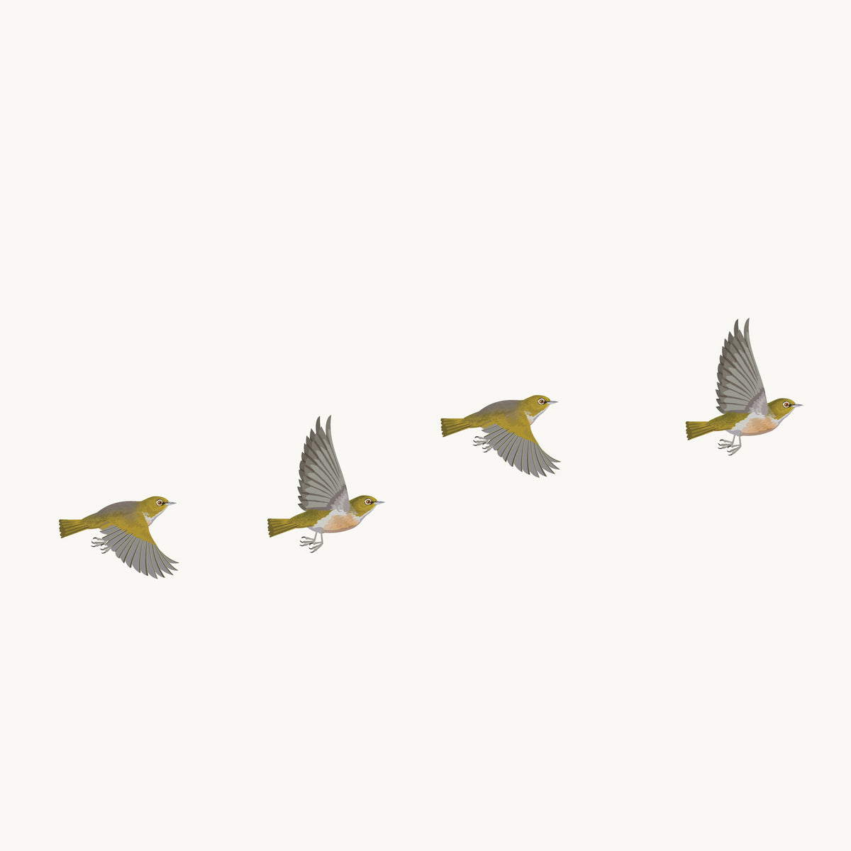 Artwork detail visualisation – Pōhutukawa with Swing and Birds – Four tauhou / silvereyes – straight-on original artwork