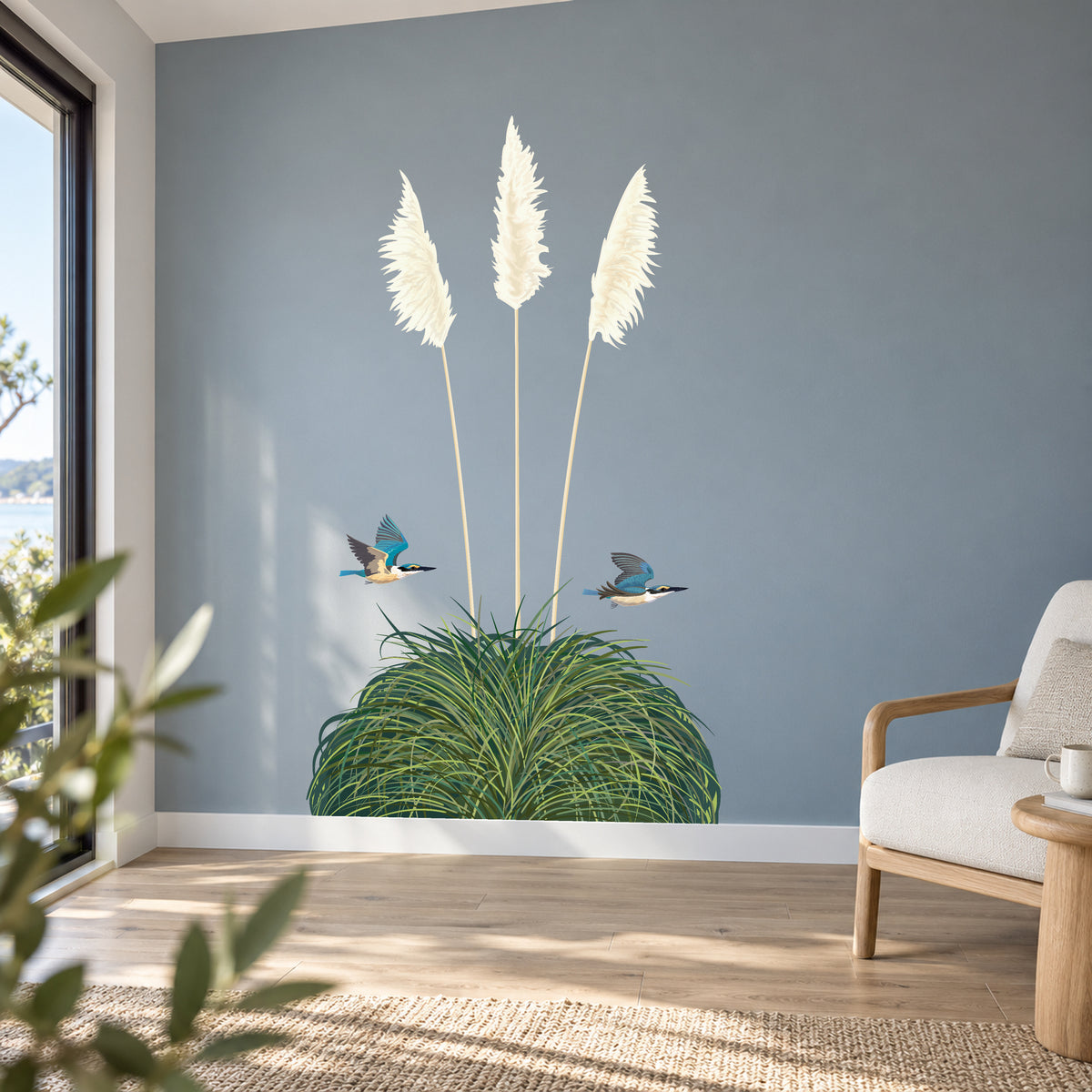 Toetoe and kōtare coastal reading room view with crisp original artwork