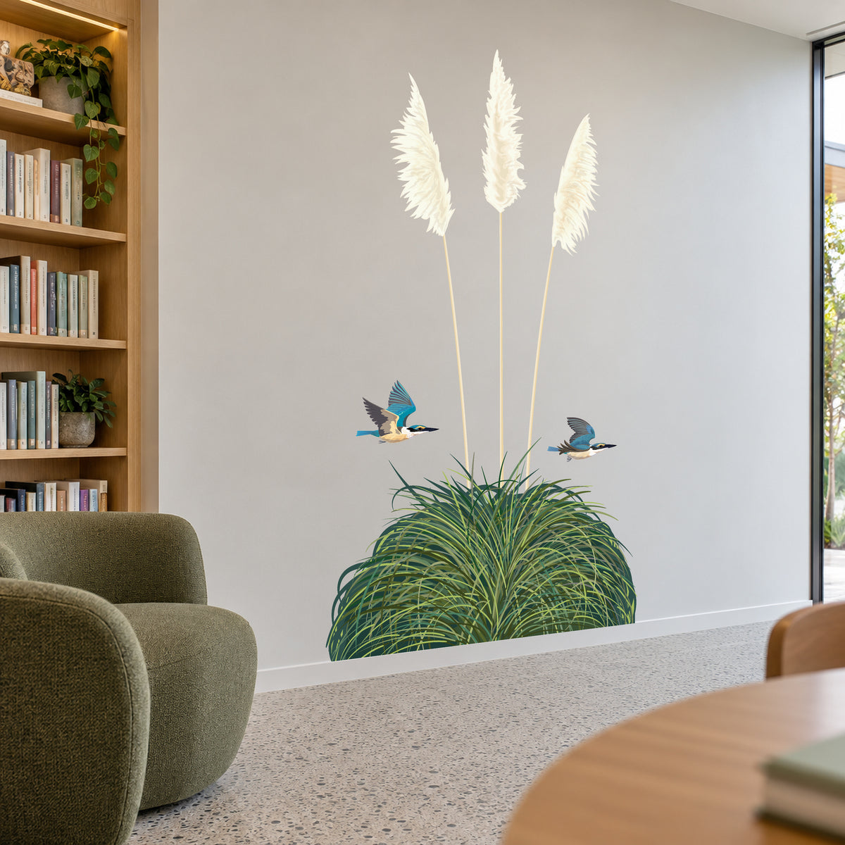 Toetoe and kōtare library room view from another angle with crisp original artwork