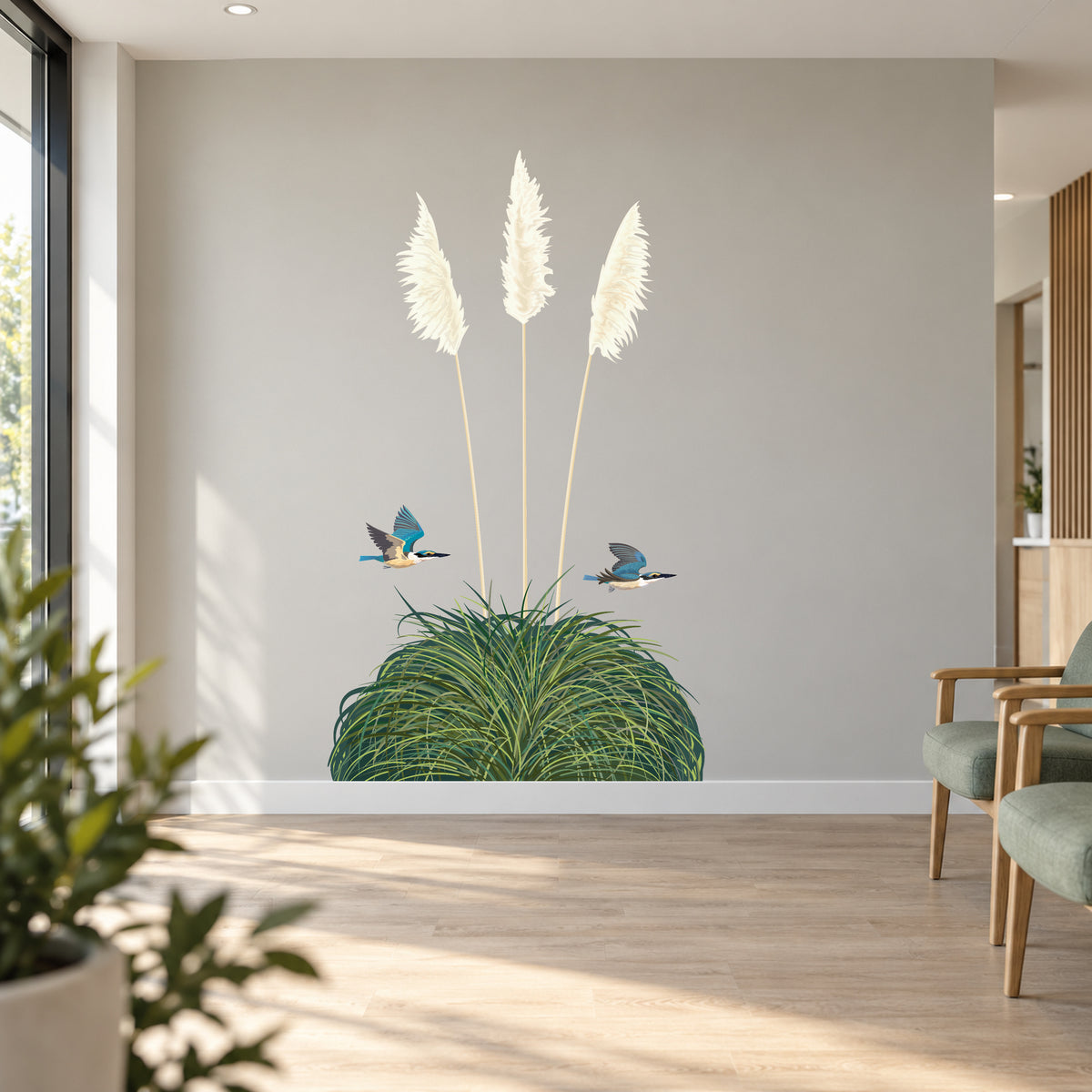 Toetoe and kōtare modern waiting room view with crisp original artwork