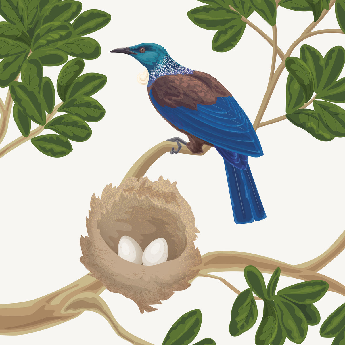 Artwork detail visualisation – Tūī Nest – perched bird and nest – straight-on original artwork