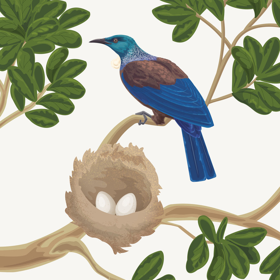 Artwork detail visualisation – Tūī Nest – perched bird and nest – straight-on original artwork