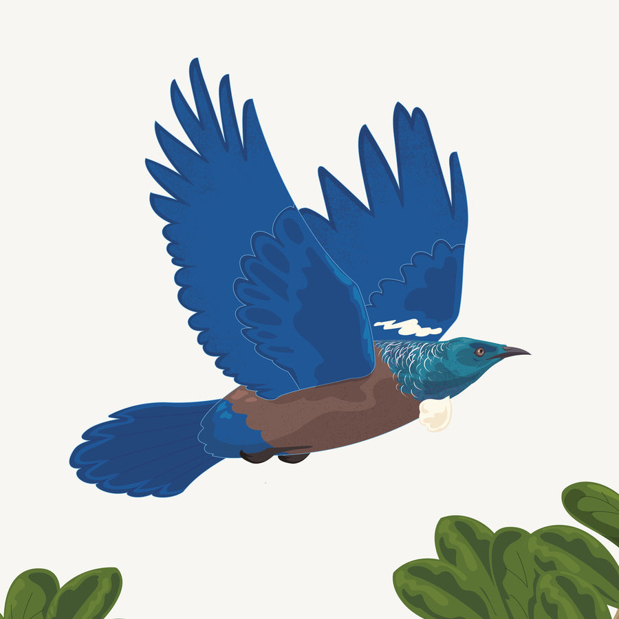 Artwork detail visualisation – Tūī Nest – flying tui – straight-on original artwork
