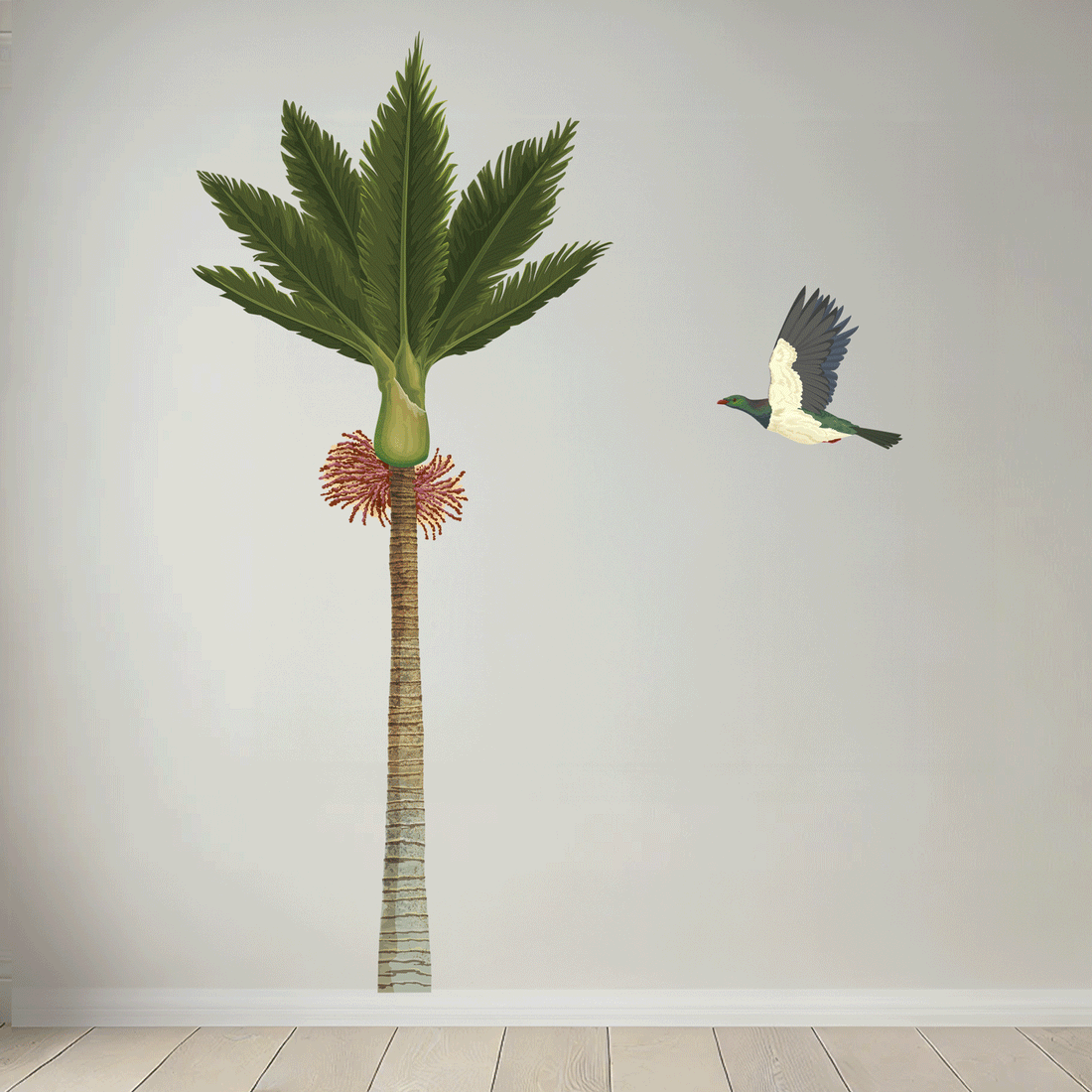 Flying Kererū and Nikau Tree