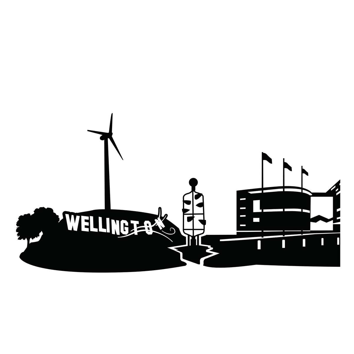 Detail of the Brooklyn wind turbine and Wellington sign in the original skyline artwork