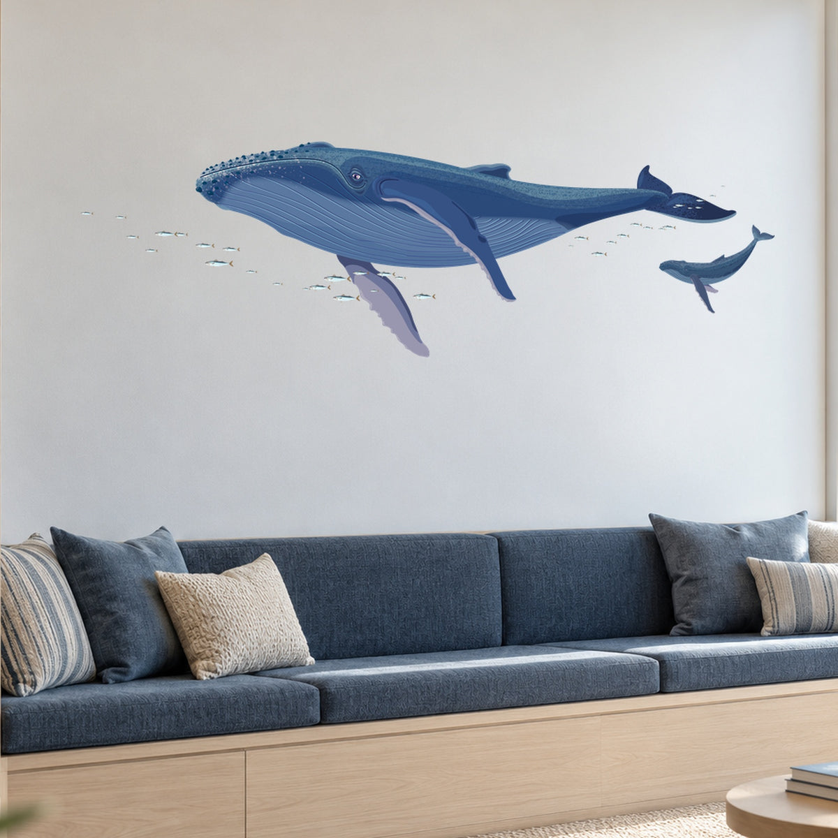 Whale mother and calf wall decal library reading nook room view