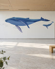Humpback whale pair 8 m wide in a large hallway room view, fish arranged separately
