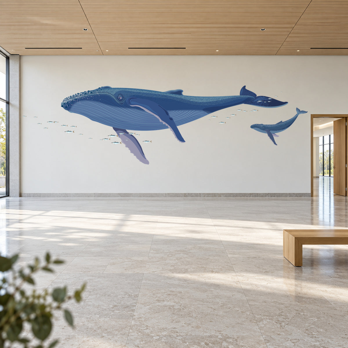 Humpback whale pair 8 m wide in a large hallway room view, fish arranged separately