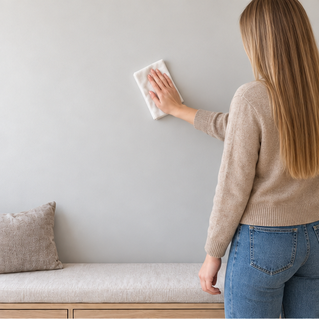 Rear view of a straight-haired installer cleaning the wall with a cloth.