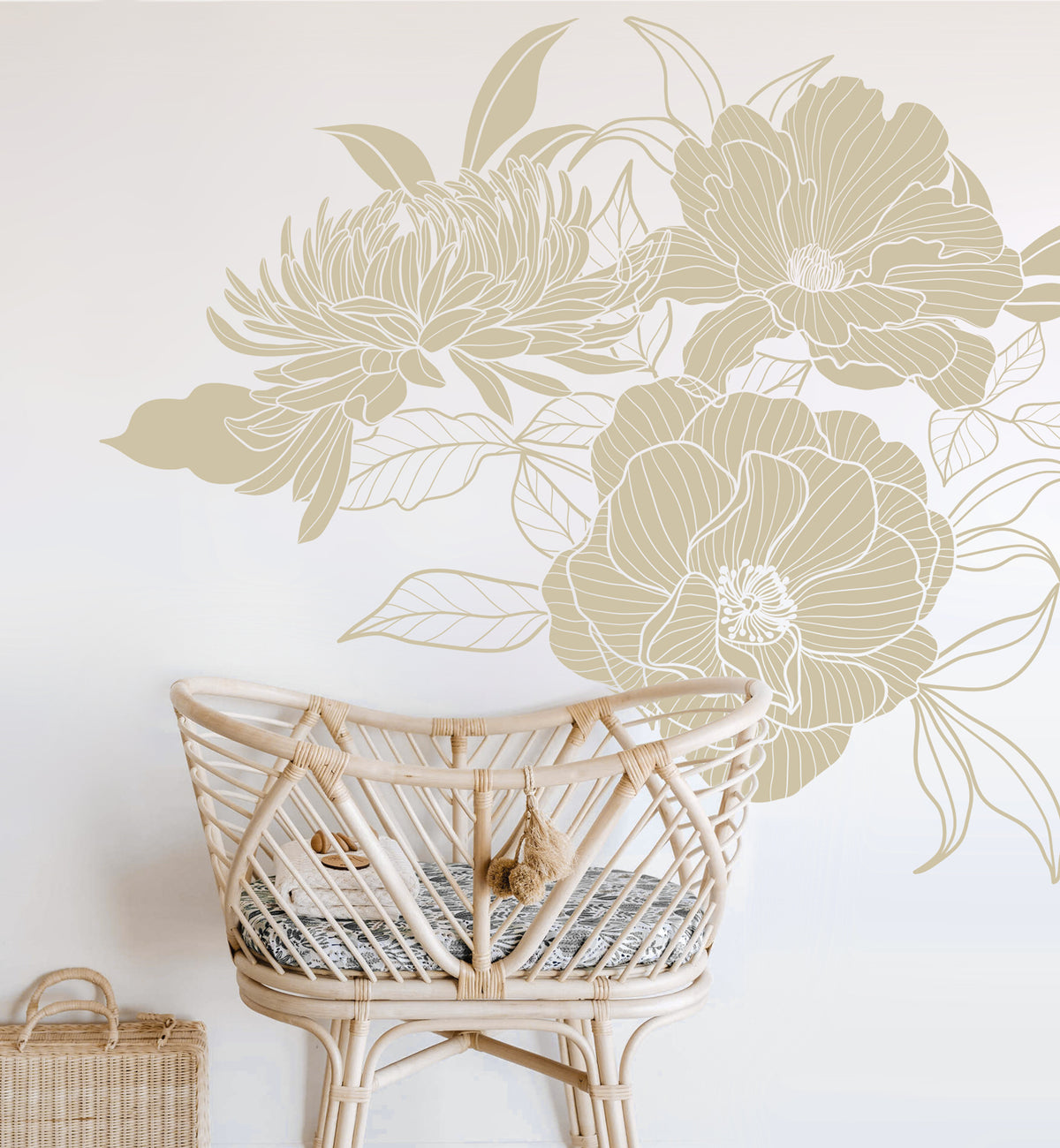 Stenciled Peonies decal in a room view above a chair
