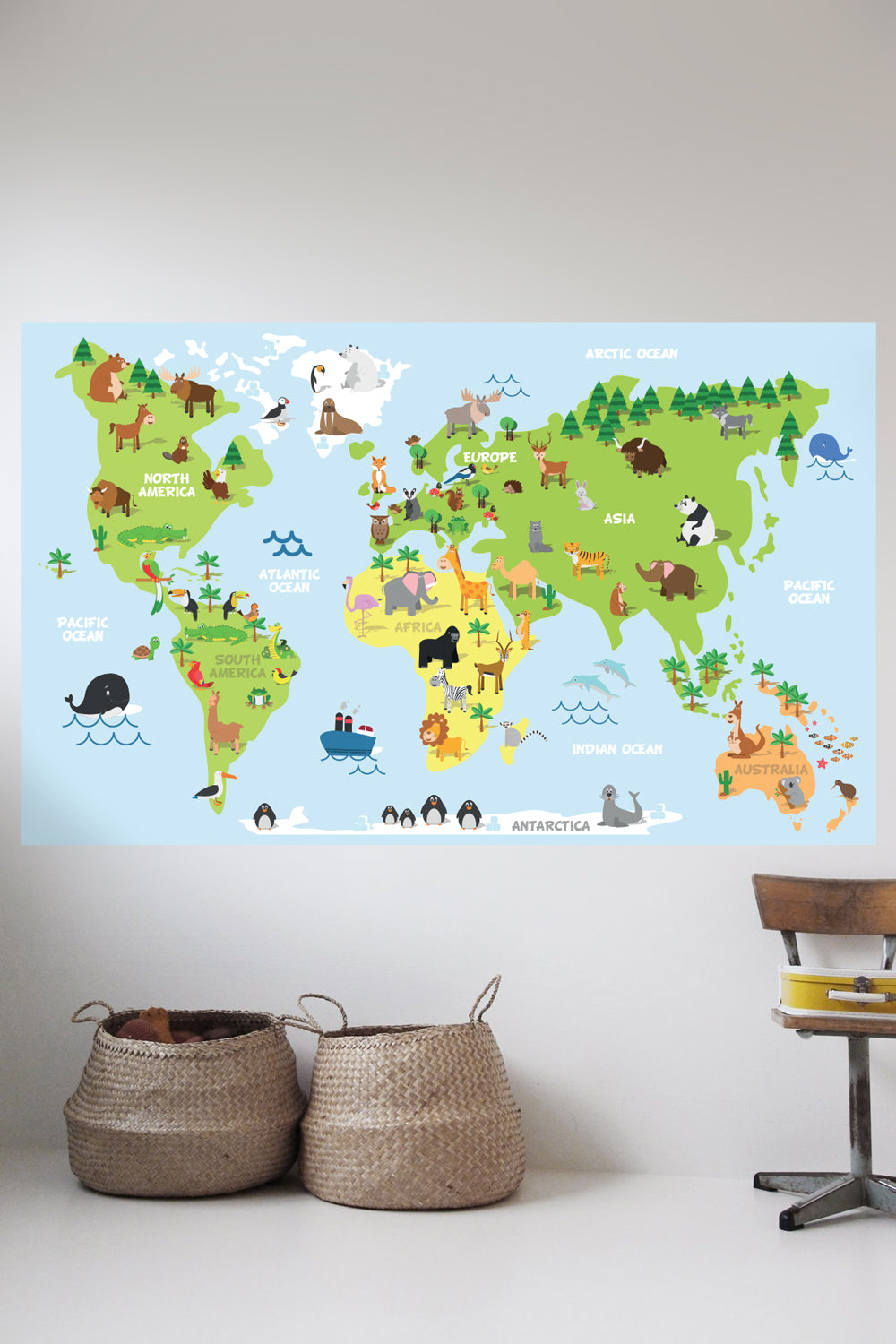 Children&#39;s Cartoon World Map Wall Decal