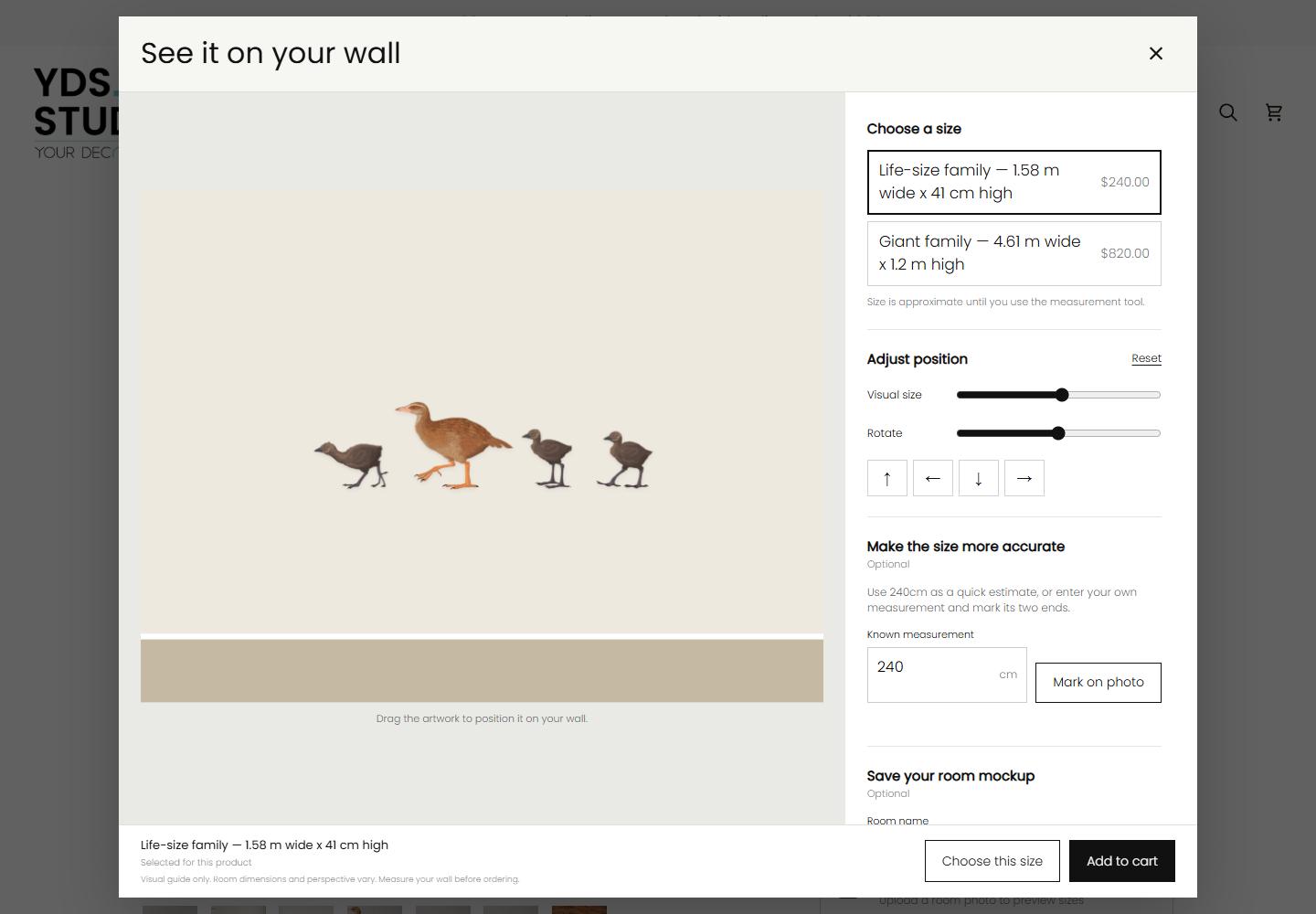 Actual Weka Family visualiser showing size choices, positioning controls and the known-measurement tool in a sample room
