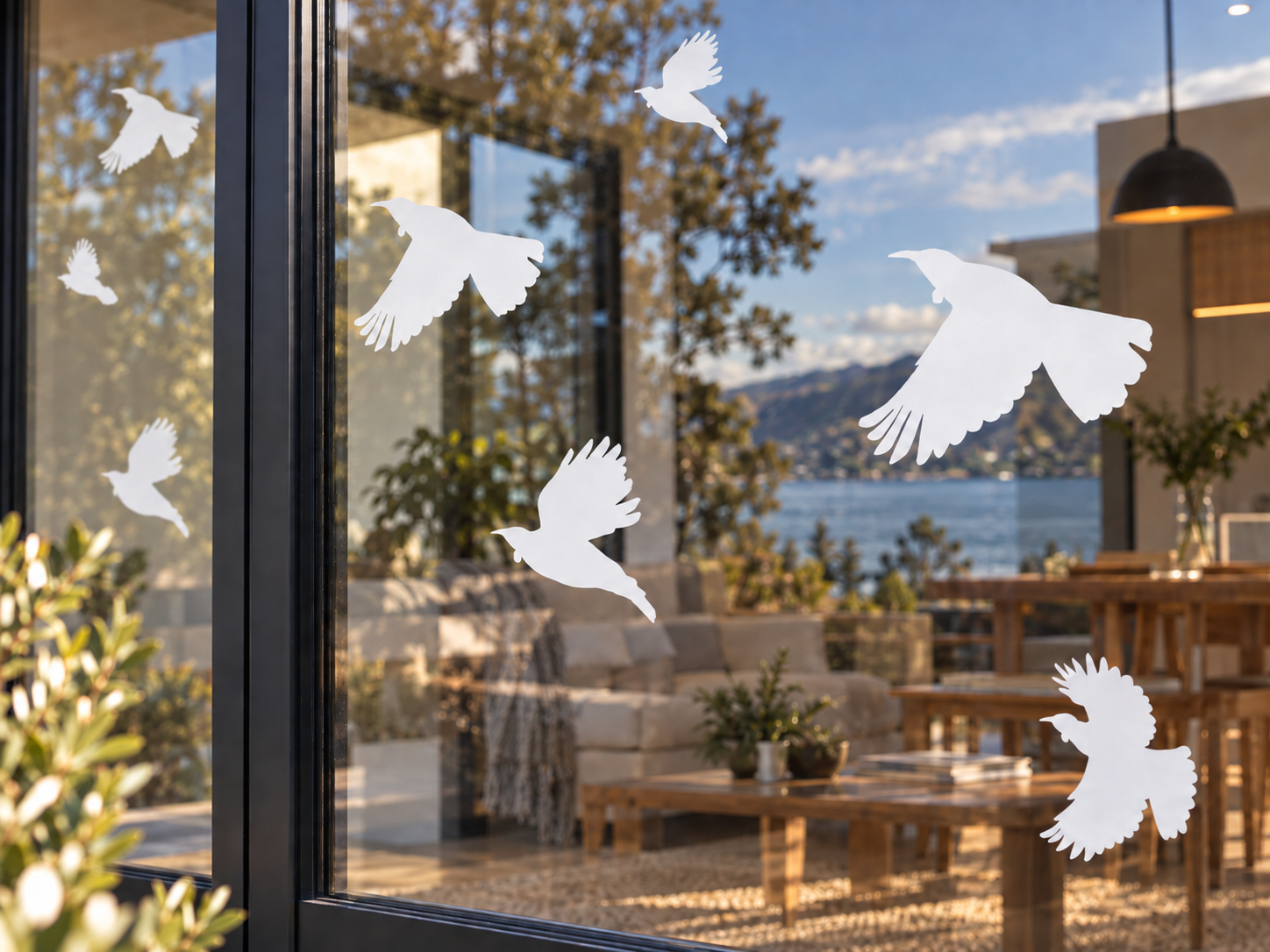White tui bird strike decals on a large window